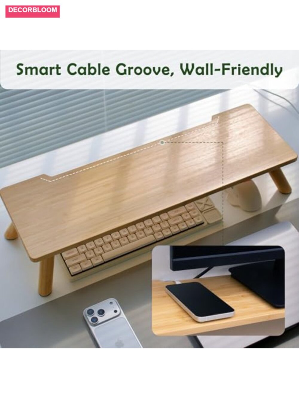 Bamboo Monitor Stand Riser with Cable Routing Slot, Ergonomic Desk Organizer - Picture 3 of 6